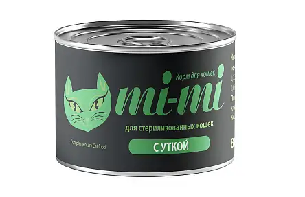 Купить mi-mi консервы для взрослых кастрированных котов и стерилизованных кошек с уткой в соусе