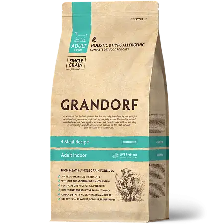 Купить grandorf сухой низкозерновой корм для домашних кошек с пробиотиками "четыре вида мяса с бурым рисом"