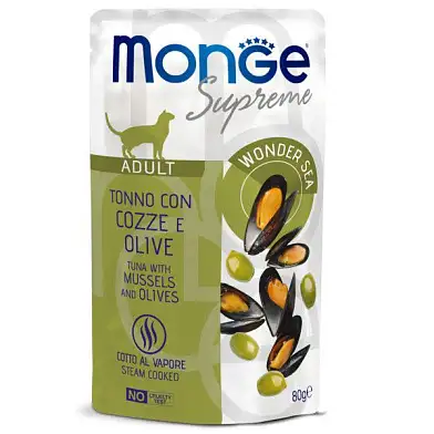 Monge Supreme Adult Cat влажный корм для взрослых кошек с тунцом, мидиями и оливками (пауч)