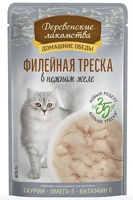 Деревенские лакомства Домашние обеды филейная треска в нежном желе пауч для кошек