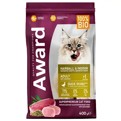 Award Hairball & Indoor сухой корм для взрослых кошек для выведения шерсти с уткой и индейкой