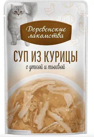 Купить Деревенские лакомства набор паучей для кошек Суп из курицы с уткой и тыквой 
