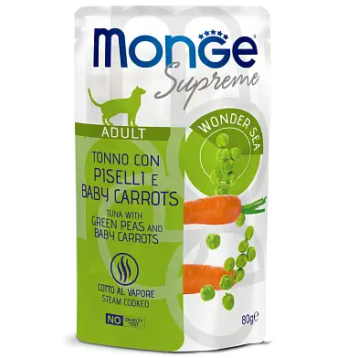 Monge Supreme Adult влажный корм для взрослых кошек  с тунцом, зелёным горошком и мини-морковью (пауч)