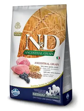 Farmina N&D Ancestral Grain Dog Lamb Blueberry Adult Medium & Maxi сухой низкозерновой корм для взрослых собак средних и крупных пород с ягненком и черникой