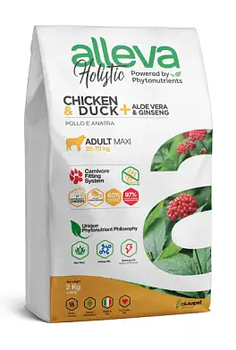 Alleva holistic dog корм для взрослых собак крупных пород с курицей и уткой, алое вера и женьшенем
