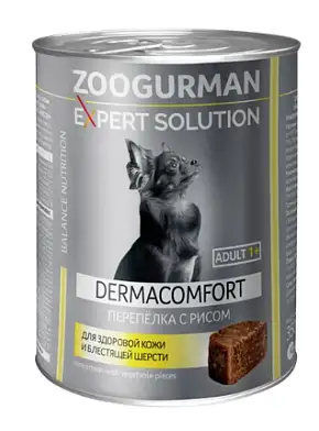 ЗООГУРМАН Expert Solution Dermacomfort консервы для собак для здоровой кожи и блестящей шерсти с перепелкой и рисом