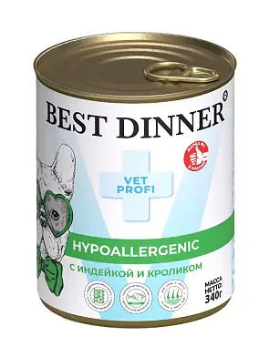Best Dinner Vet Profi Hypoallergenic консервы для взрослых собак и щенков с 6 месяцев для профилактики пищевой аллергии с индейкой и кроликом