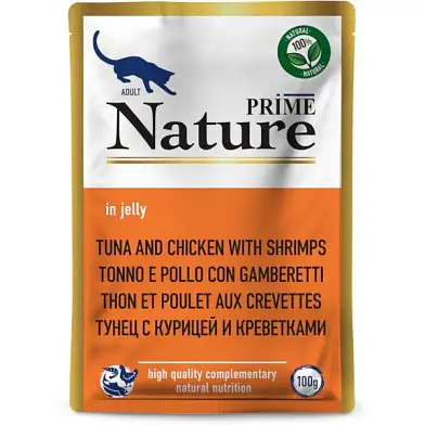Prime Nature влажный корм для взрослых кошек с тунцом, курицей и креветками, в желе (пауч)