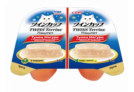 Купить inaba ciao twins terrine Паштет для кошек тунец Магуро и куриное филе со вкусом морского гребешка (ламистер)