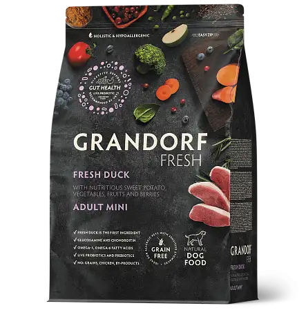 Купить grandorf fresh сухой беззерновой корм для взрослых собак мелких пород с живыми пробиотиками, утка с бататом