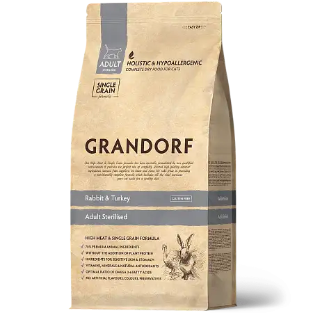 Купить grandorf сухой низкозерновой корм для стерилизованных кошек с кроликом и индейкой.